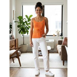 Vintage Lacoste Crochet Pointelle Knit Camisole Tank Top Ribbon Waist - Orange